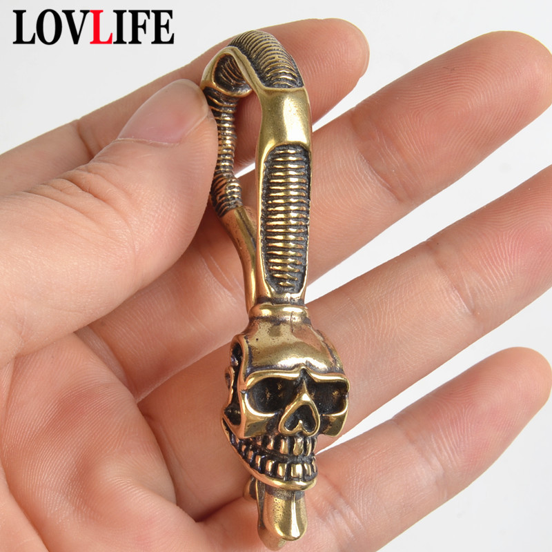 Antique Brass Hook - Solid Brass Keychain Skull Head Waist